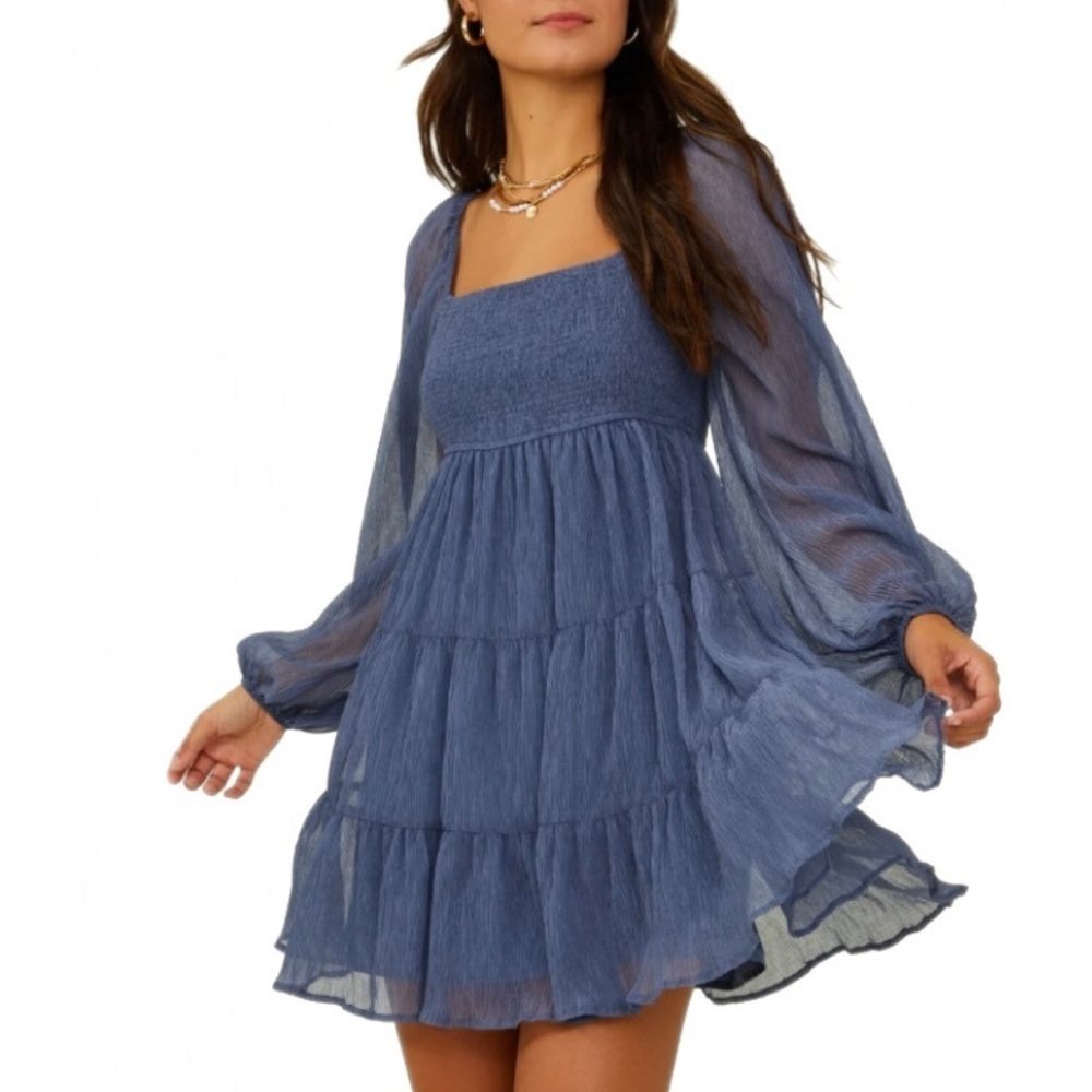 Altar'd State NWT Dark Blue Flowy Smocked Long Sleeve Mini Dress Size Large